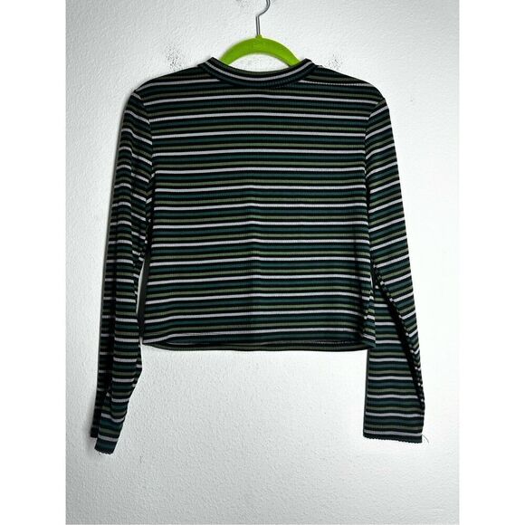 Primark Women’s Long Sleeve Crop Top Striped Size 10/12 Green Black - Picture 1 of 9